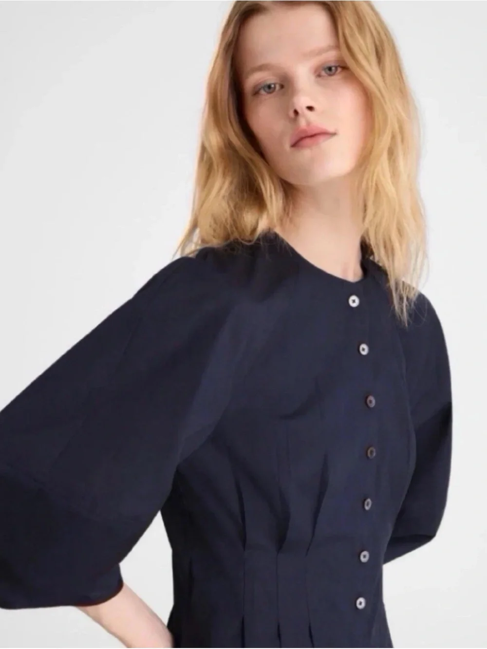 Madewell Sculptural-Sleeve Pleated Mini Dress‎ Navy Blue 8 NEW Dark Academia